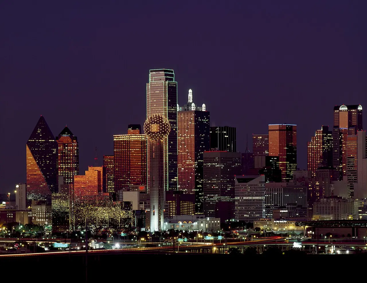 Downtown Dallas skyline at sunset